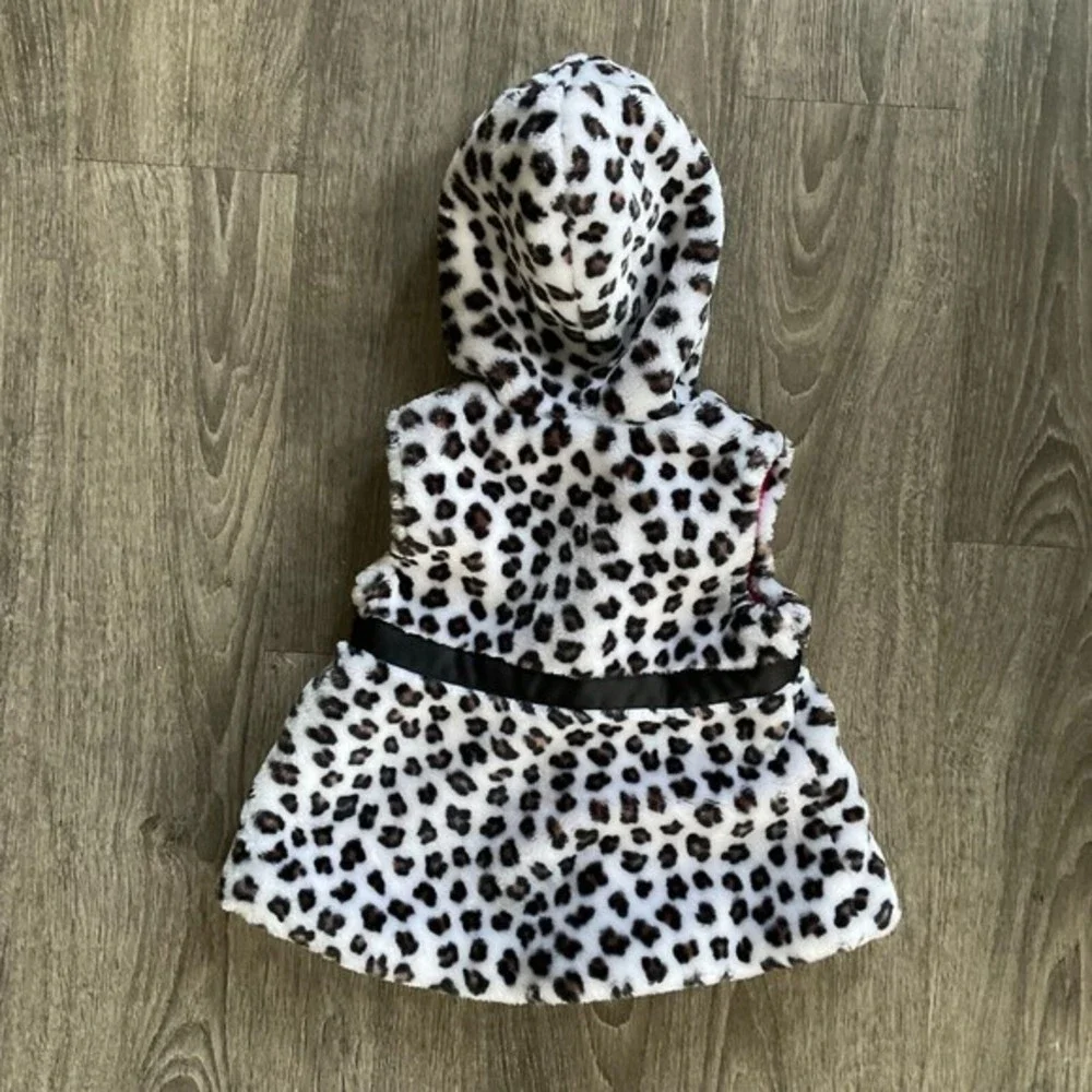 Faux Fur Hooded Leopard Print‎ Pink Vest Jacket Toddler Girls Size 4T EUC